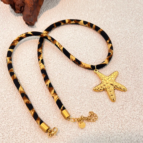 ✨ Collier Pendentif Léopard Vintage Etoile de Mer – Acier Inoxydable & Corde Coton ✨