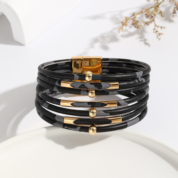 Bracelet Léopard Multirangs – Simili Cuir & Finitions Dorées en Cuivre – Bijou Fantaisie Unisexe
