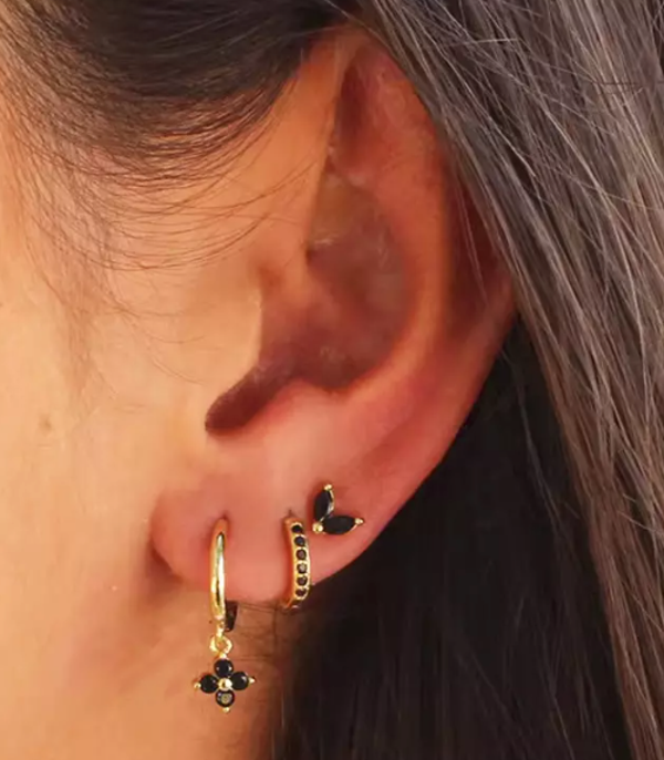 Set de 3 boucles d’oreilles dorées | Trèfle & Cristal zircon noir | Acier inoxydable 304 | vanbijoux
