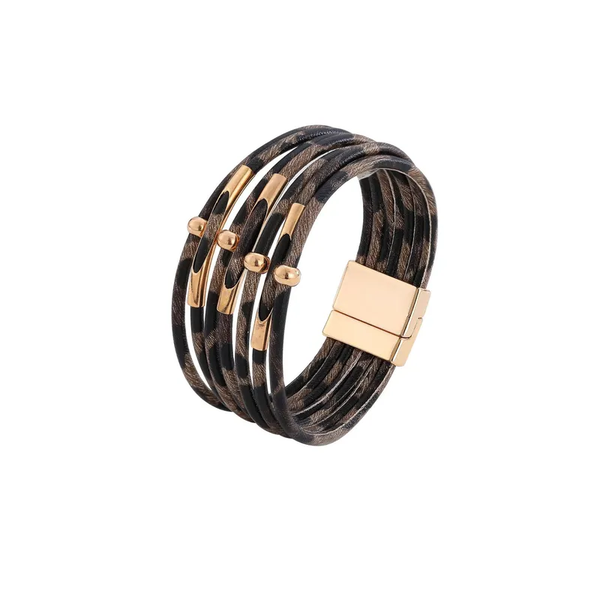 Bracelet Léopard Multirangs – Simili Cuir & Finitions Dorées en Cuivre – Bijou Fantaisie Unisexe