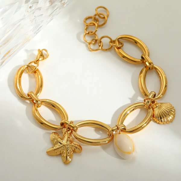Bracelet glamour breloque Étoile De Mer Conque Coquille | acier inoxydable doré | vanbijoux