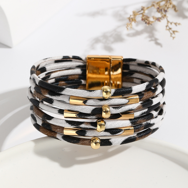 Bracelet Léopard Multirangs – Simili Cuir & Finitions Dorées en Cuivre – Bijou Fantaisie Unisexe