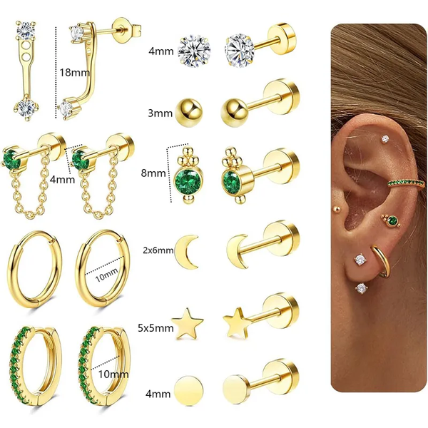 Lot de 6 Piercings Oreille "Constellation Scintillante" – Mono Boucles d’Oreilles Dorées en Acier Inoxydable