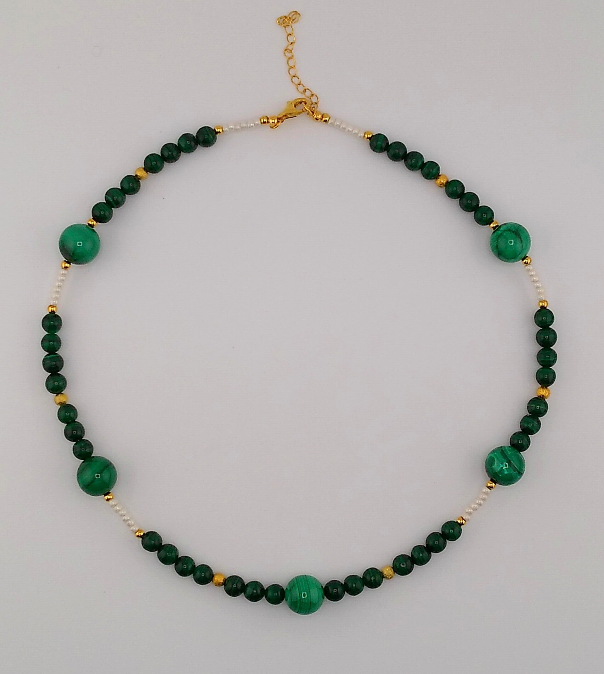 Handmade Natural Malachite and Seed Pearl Necklace in Gold-Plated 925 Sterling Silver