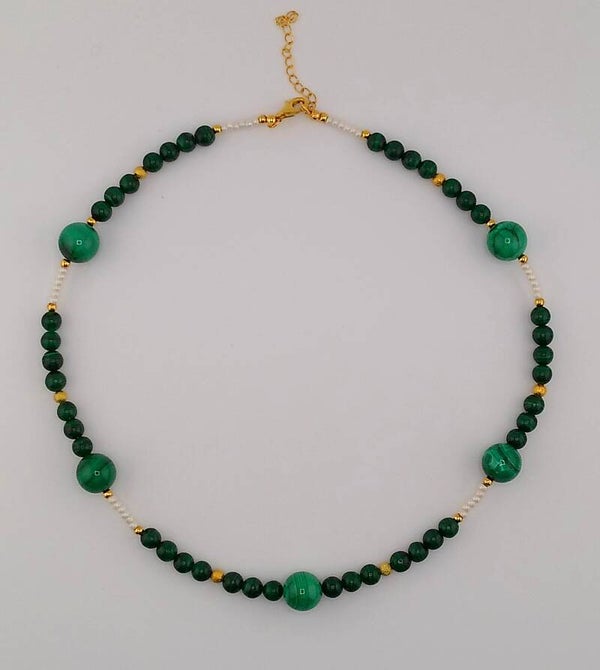 Handmade Natural Malachite and Seed Pearl Necklace in Gold-Plated 925 Sterling Silver