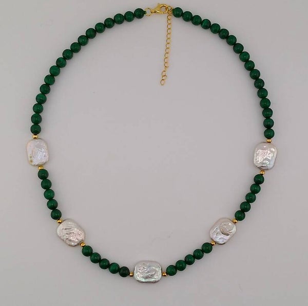 Handmade Natural Malachite and AAA Grade Multi-Colour Keshi Pearl Necklace