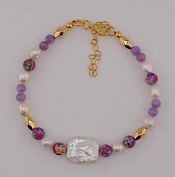 Handmade Purple Imperial Stone and Keshi Pearl Bracelet