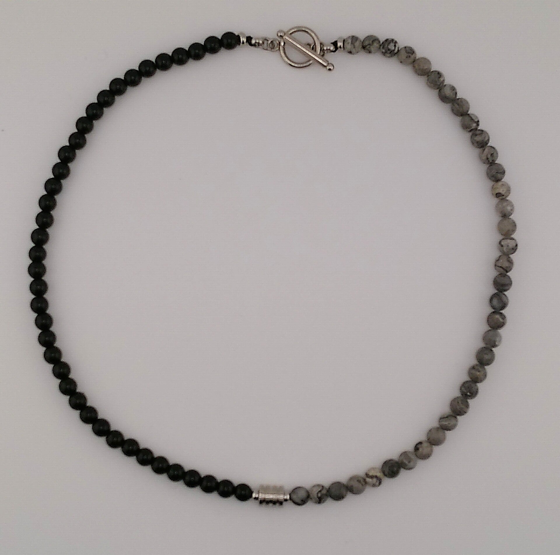Modern Grey Zebra Jasper & Black Agate Men’s Necklace – Stainless Steel