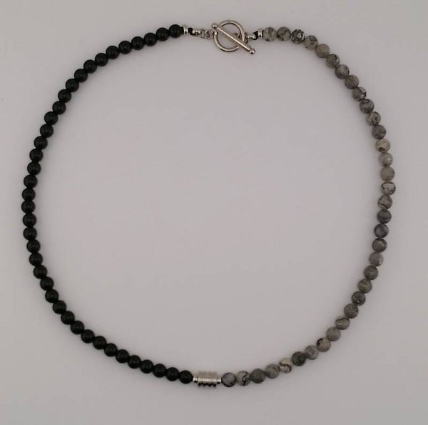 Modern Grey Zebra Jasper & Black Agate Men’s Necklace – Stainless Steel