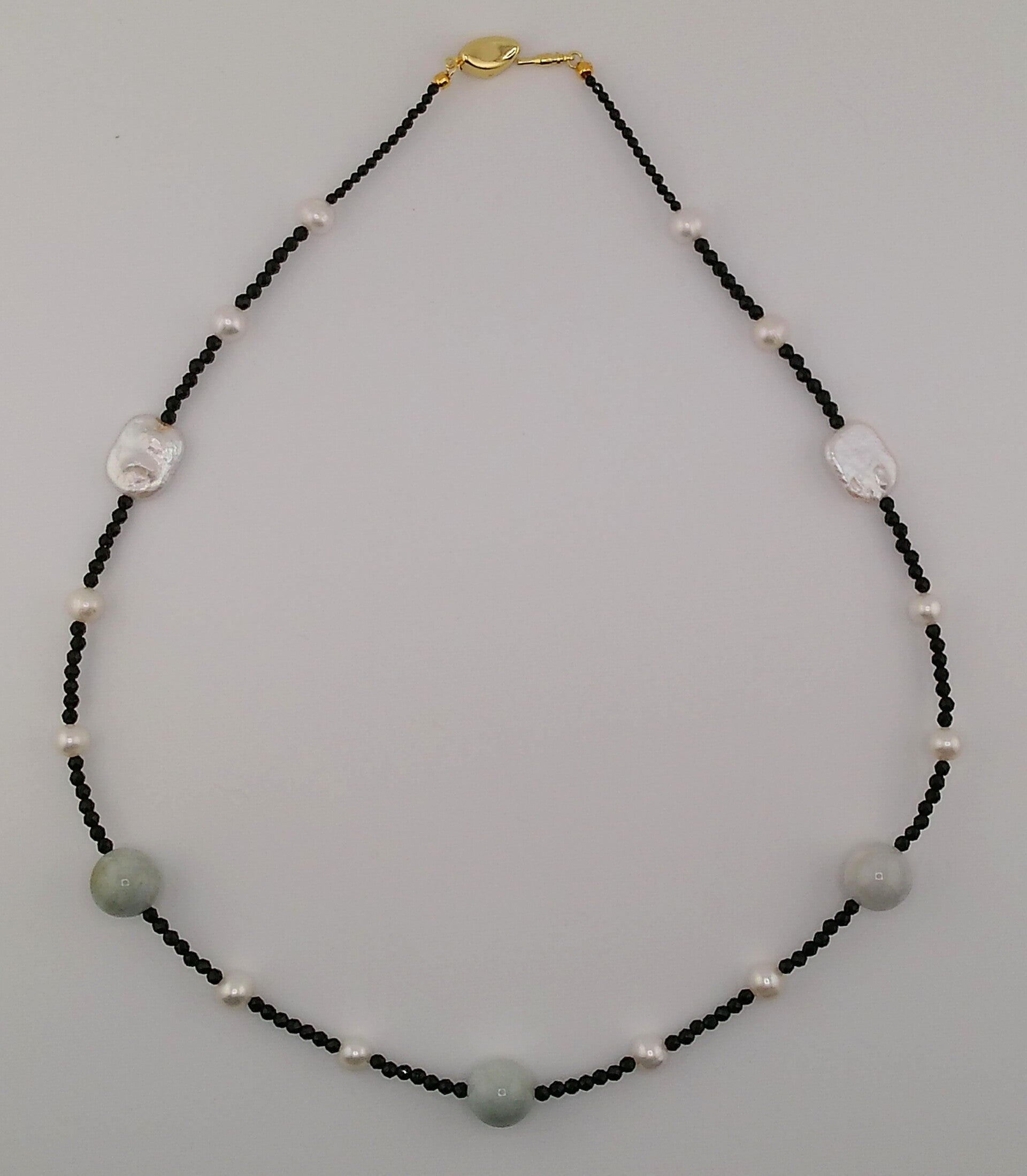 Type A Aqua Jade, AAA Keshi Pearl and Black Spinel Necklace