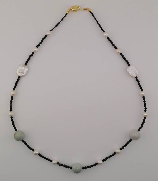 Type A Aqua Jade, AAA Keshi Pearl and Black Spinel Necklace