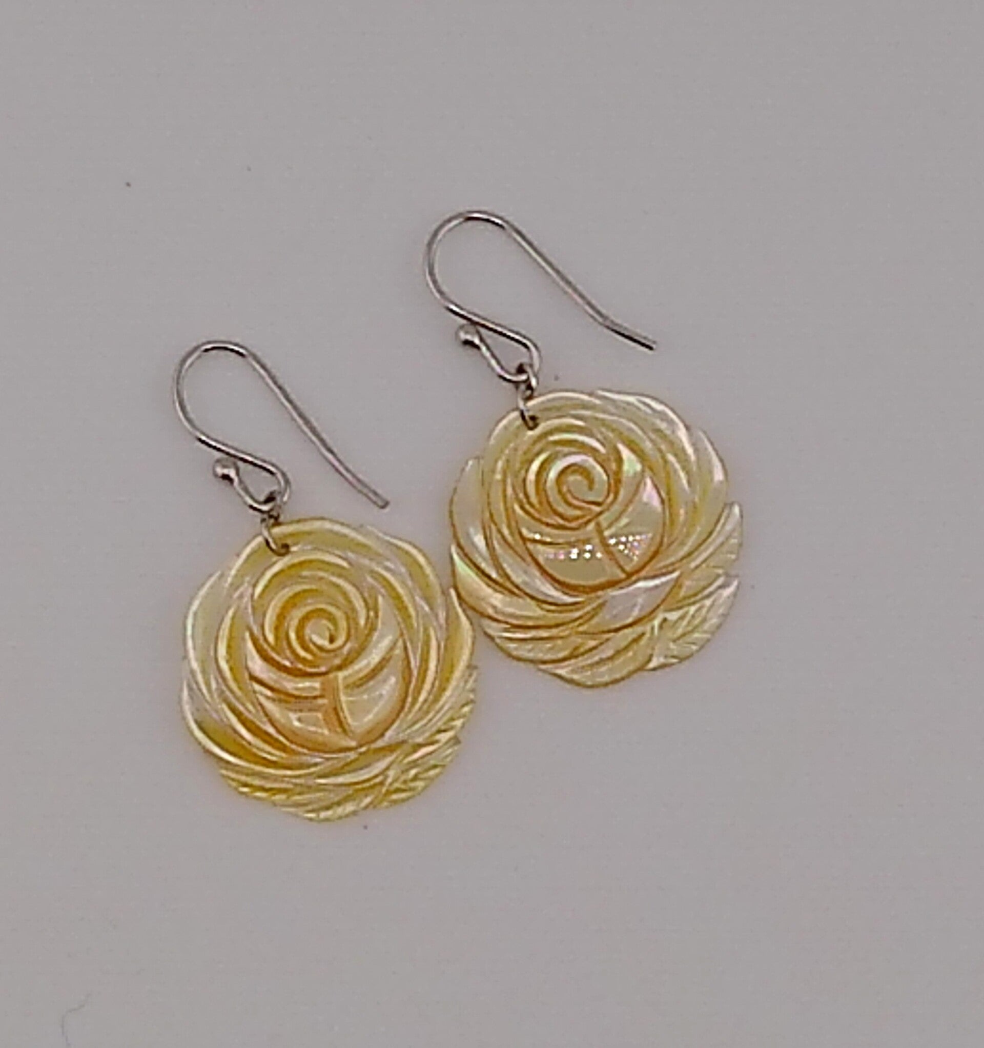 Hand-Carved Golden Mother of Pearl Peony Earrings