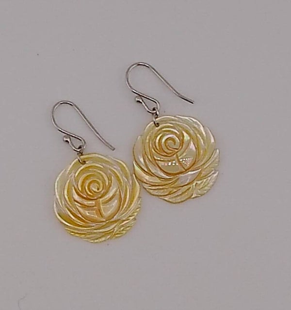 Hand-Carved Golden Mother of Pearl Peony Earrings