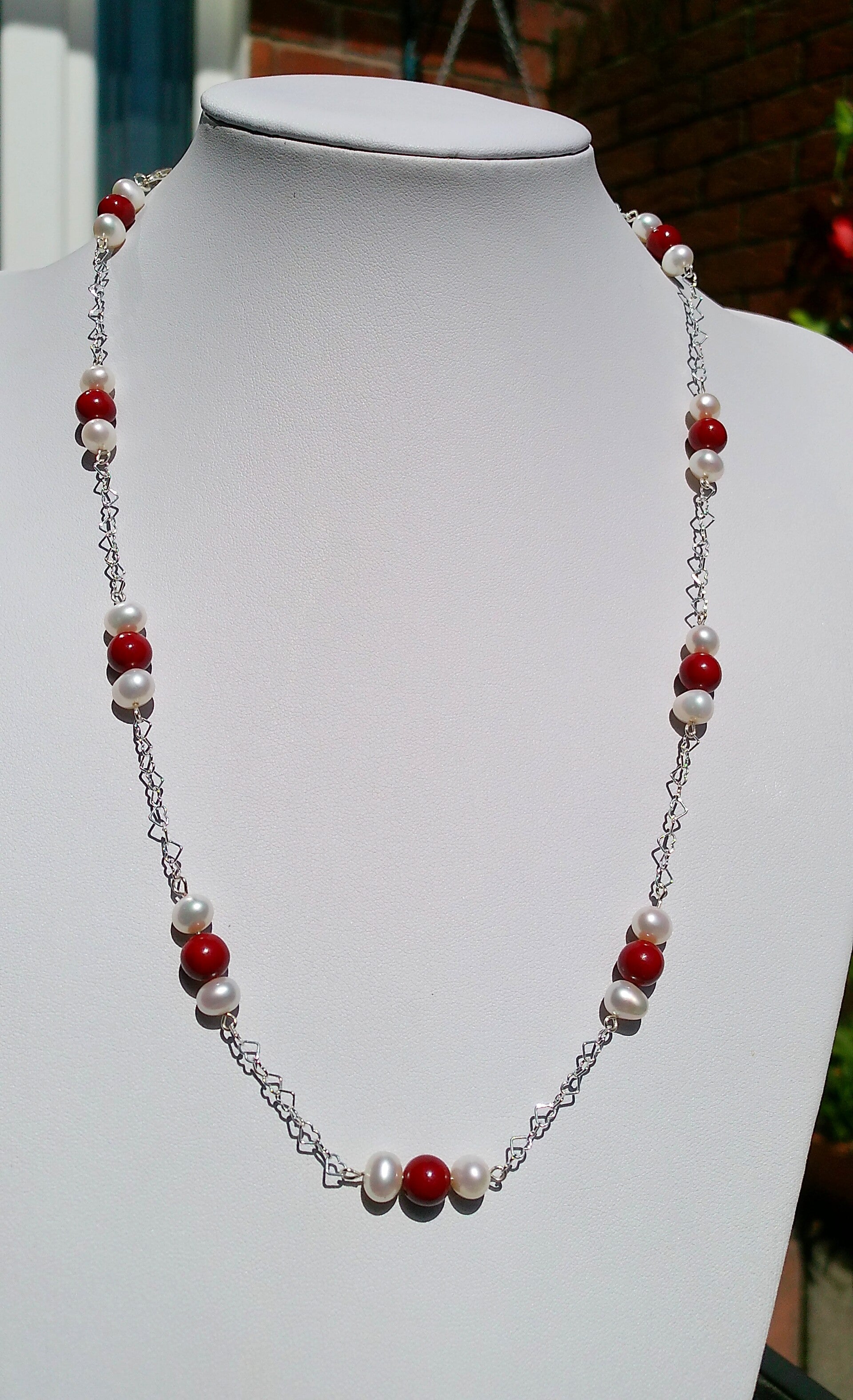 Freshwater Pearl and Cinnabar Necklace in 925 Sterling Silver