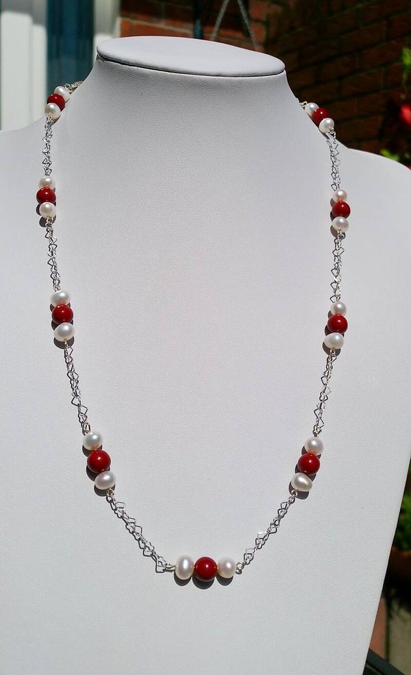 Freshwater Pearl and Cinnabar Necklace in 925 Sterling Silver
