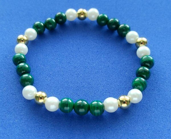Malachite and Freshwater Pearl Elasticated Bracelet