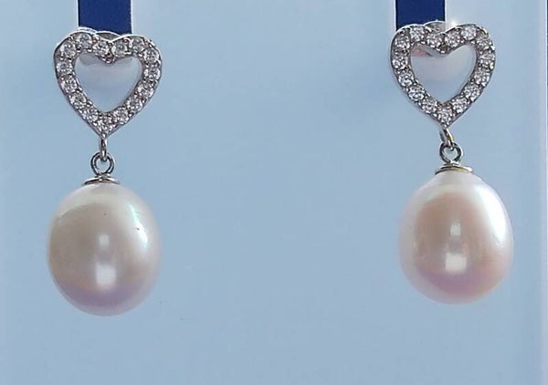 Freshwater Pearl Earrings with Heart Bail and White Zircon Accents