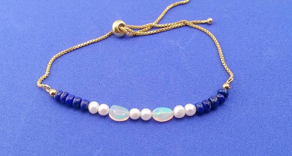 Natural Lapis Lazuli, Ethiopian Opal and Freshwater Pearl Adjustable Bolo Bracelet