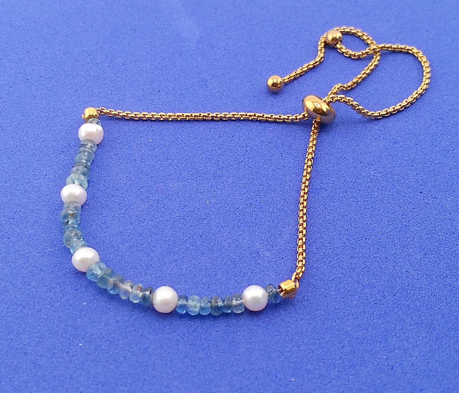Aquamarine and Freshwater Pearl Adjustable Bolo Bracelet
