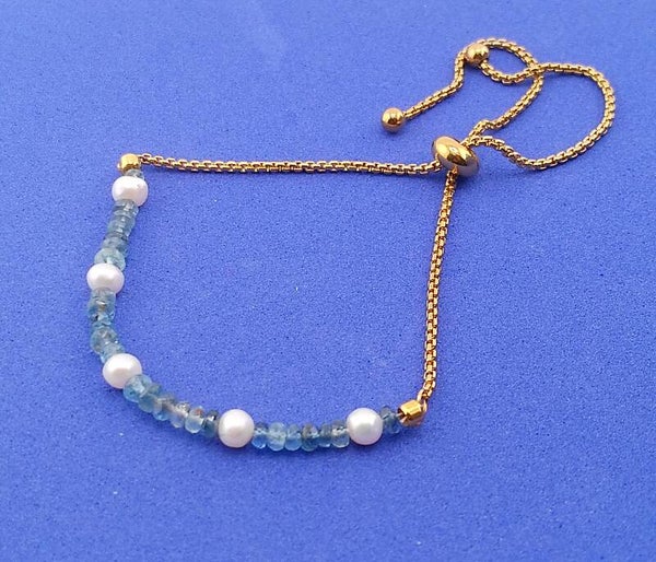 Aquamarine and Freshwater Pearl Adjustable Bolo Bracelet