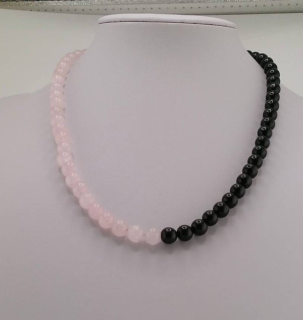 Yin Yang Style Black Agate and Rose Quartz Necklace