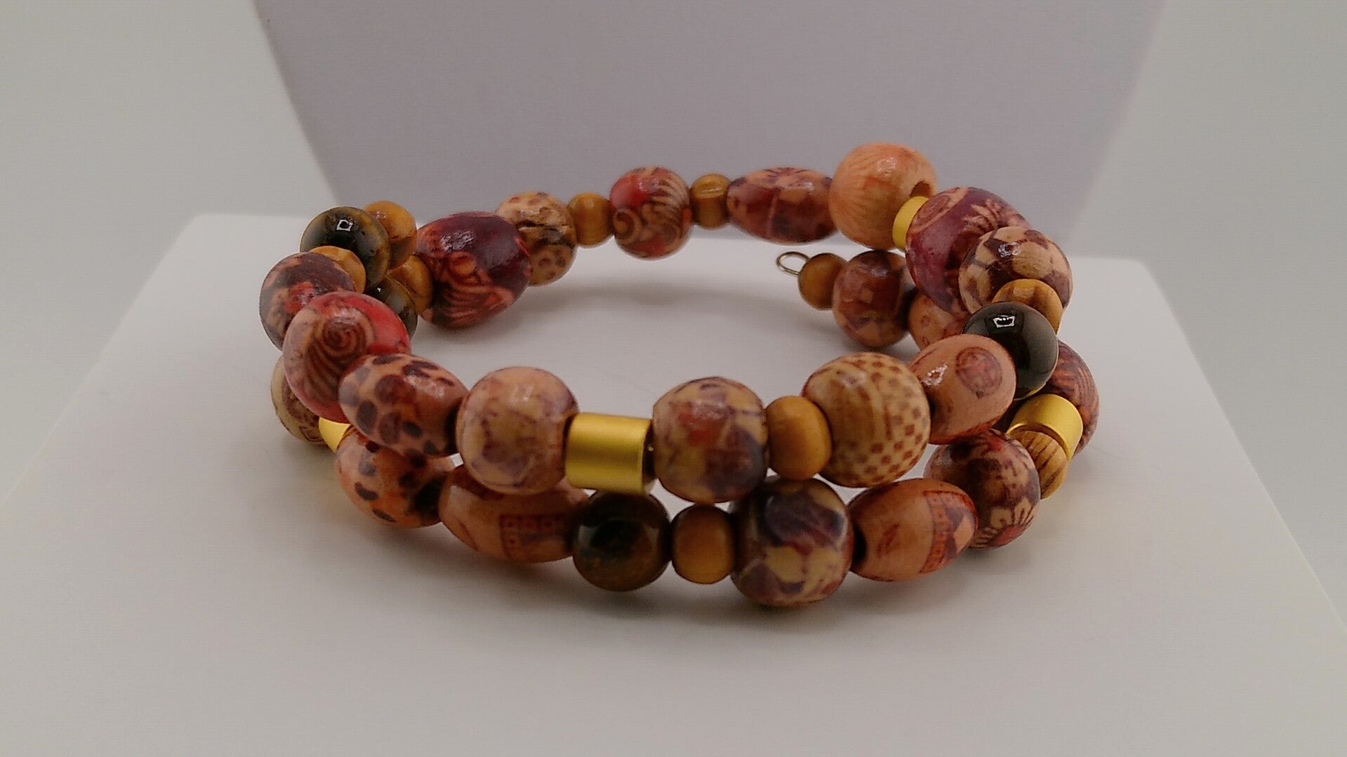 Real Wooden Tribal Patterned Beads on Memory Wire Bracelet