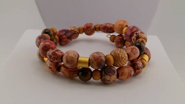 Real Wooden Tribal Patterned Beads on Memory Wire Bracelet