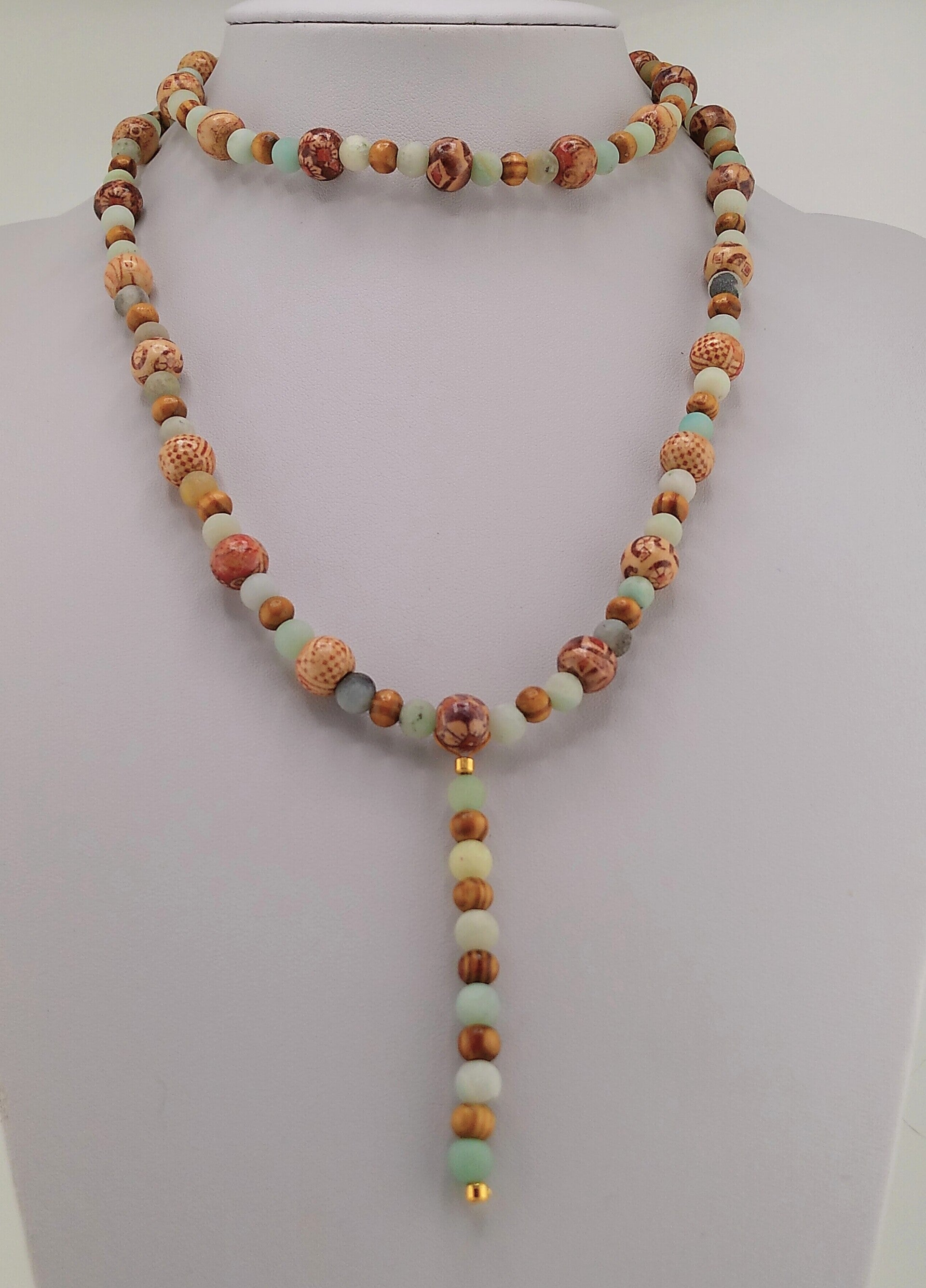 Boho Style Green Frosted Agate and Tribal Wooden Bead Necklace