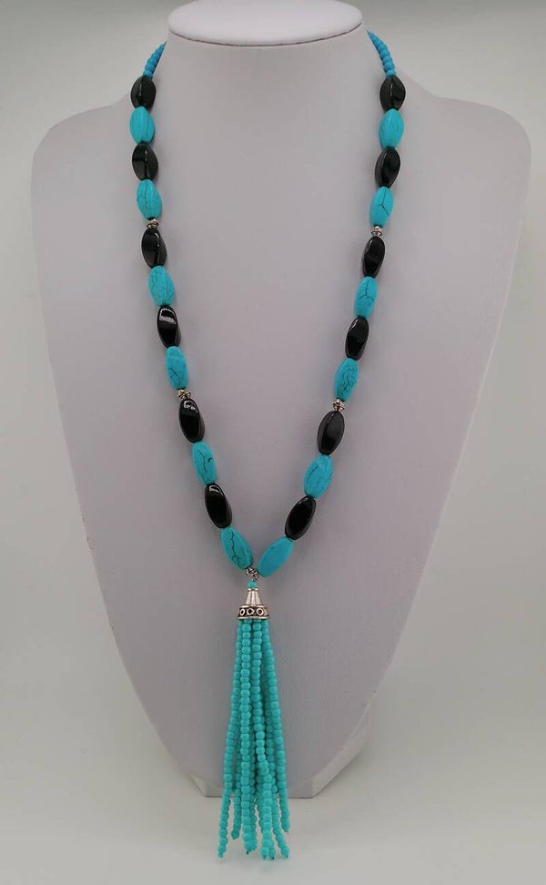 Black and Blue Howlite Tassel Necklace