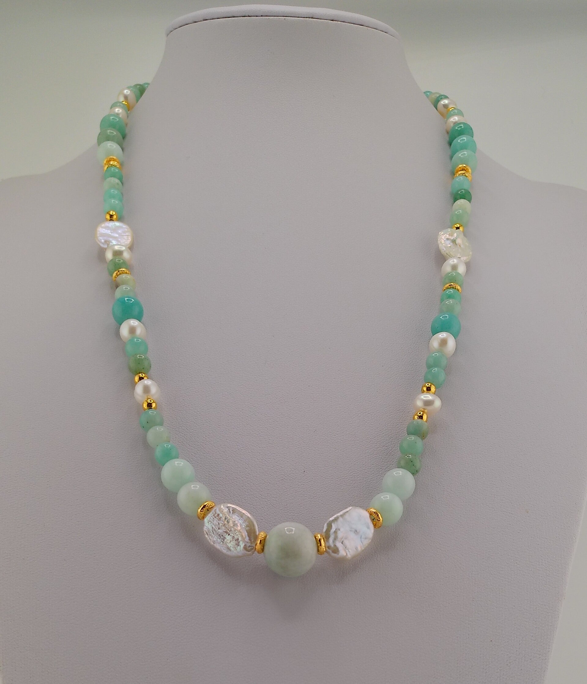 Natural Type A Aqua Jadeite Jade, Amazonite and Pearl Necklace