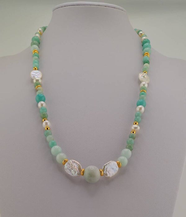 Natural Type A Aqua Jadeite Jade, Amazonite and Pearl Necklace
