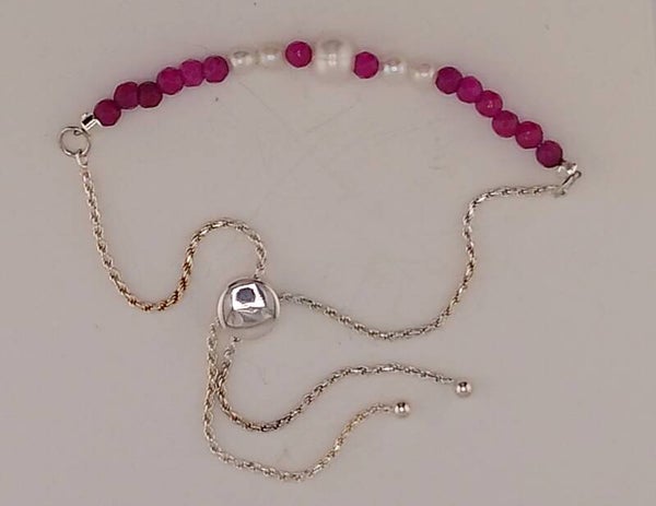 Natural Ruby and Freshwater Pearl Adjustable Bolo Bracelet