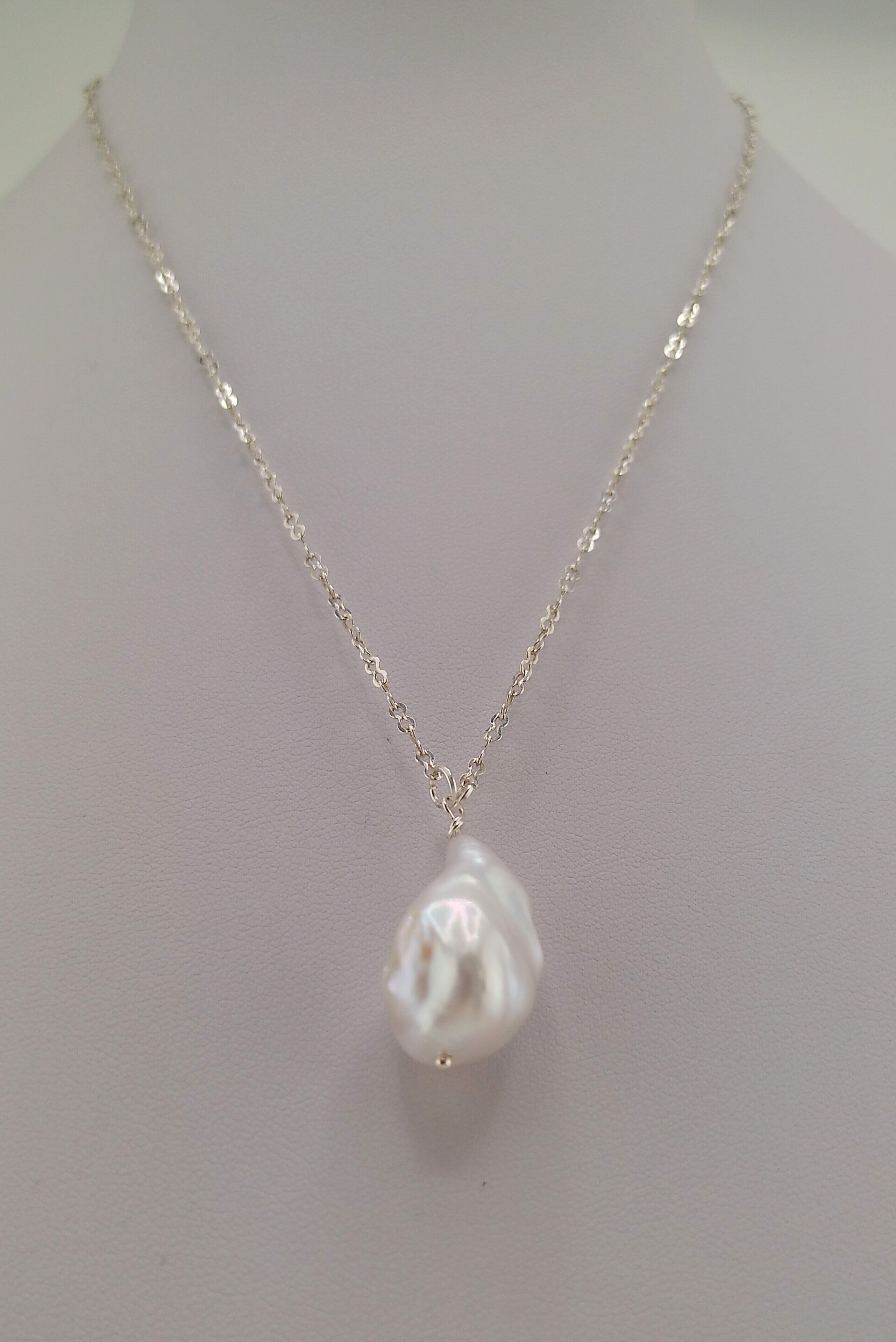 Natural White Baroque Pearl Necklace in 925 Sterling Silver