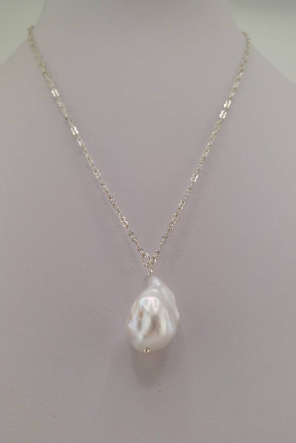 Natural White Baroque Pearl Necklace in 925 Sterling Silver