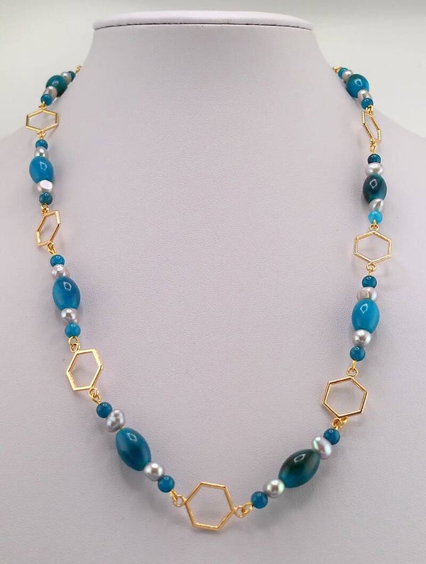 Handmade Blue Apatite and Silver Freshwater Pearl Necklace