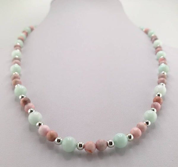 Handmade Natural Aquamarine and Rhodonite Necklace