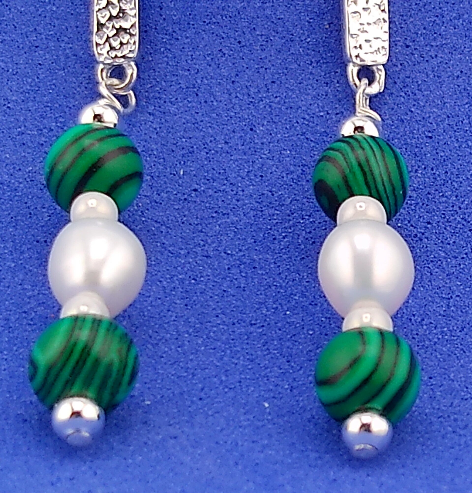 Elegant Malachite & Freshwater Pearl Drop Earrings – Sterling Silver