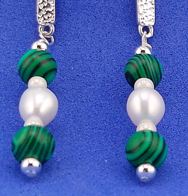 Elegant Malachite & Freshwater Pearl Drop Earrings – Sterling Silver