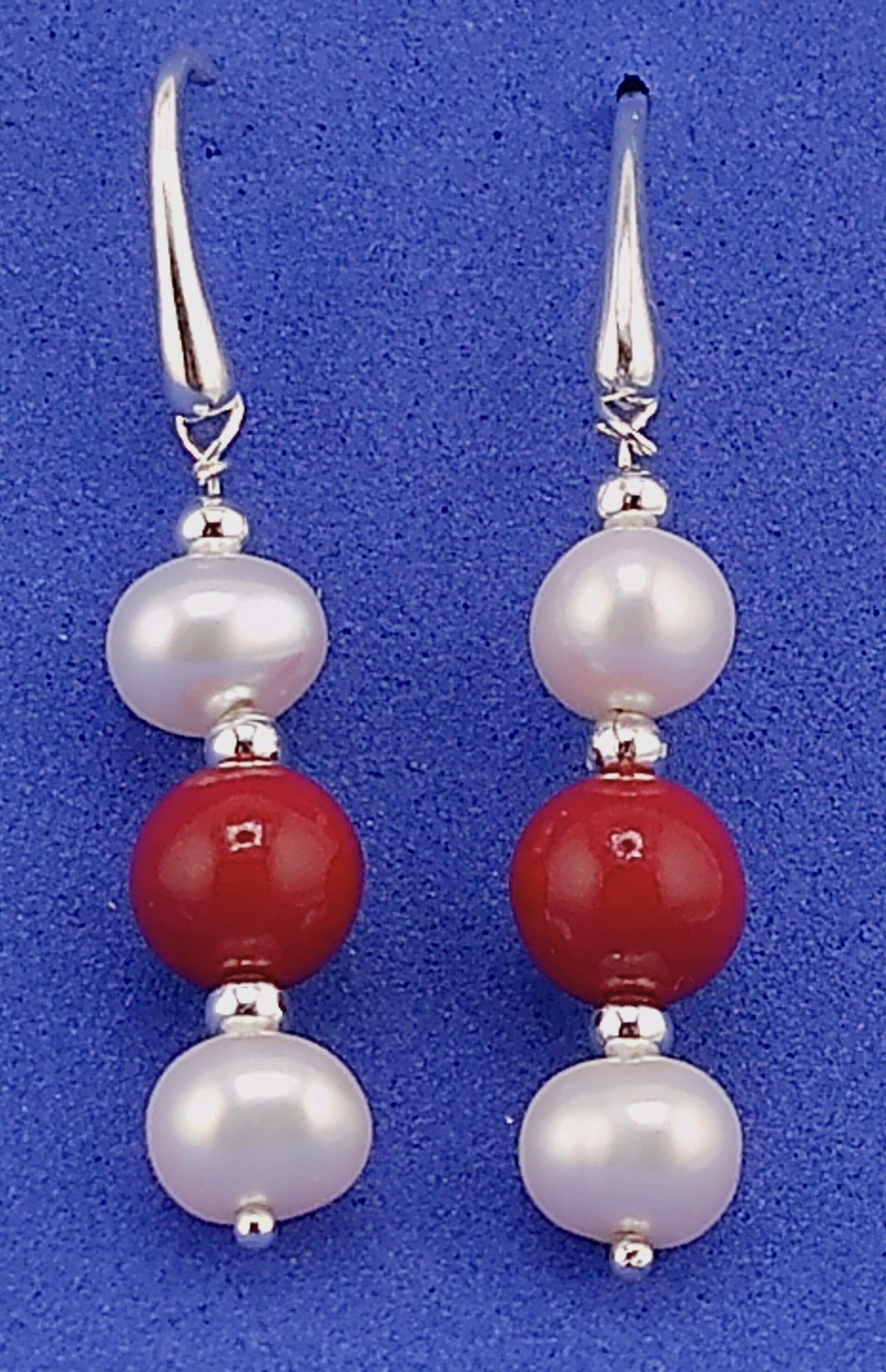 Stunning Freshwater Pearl & Natural Cinnabar Shepherd’s Hook Earrings