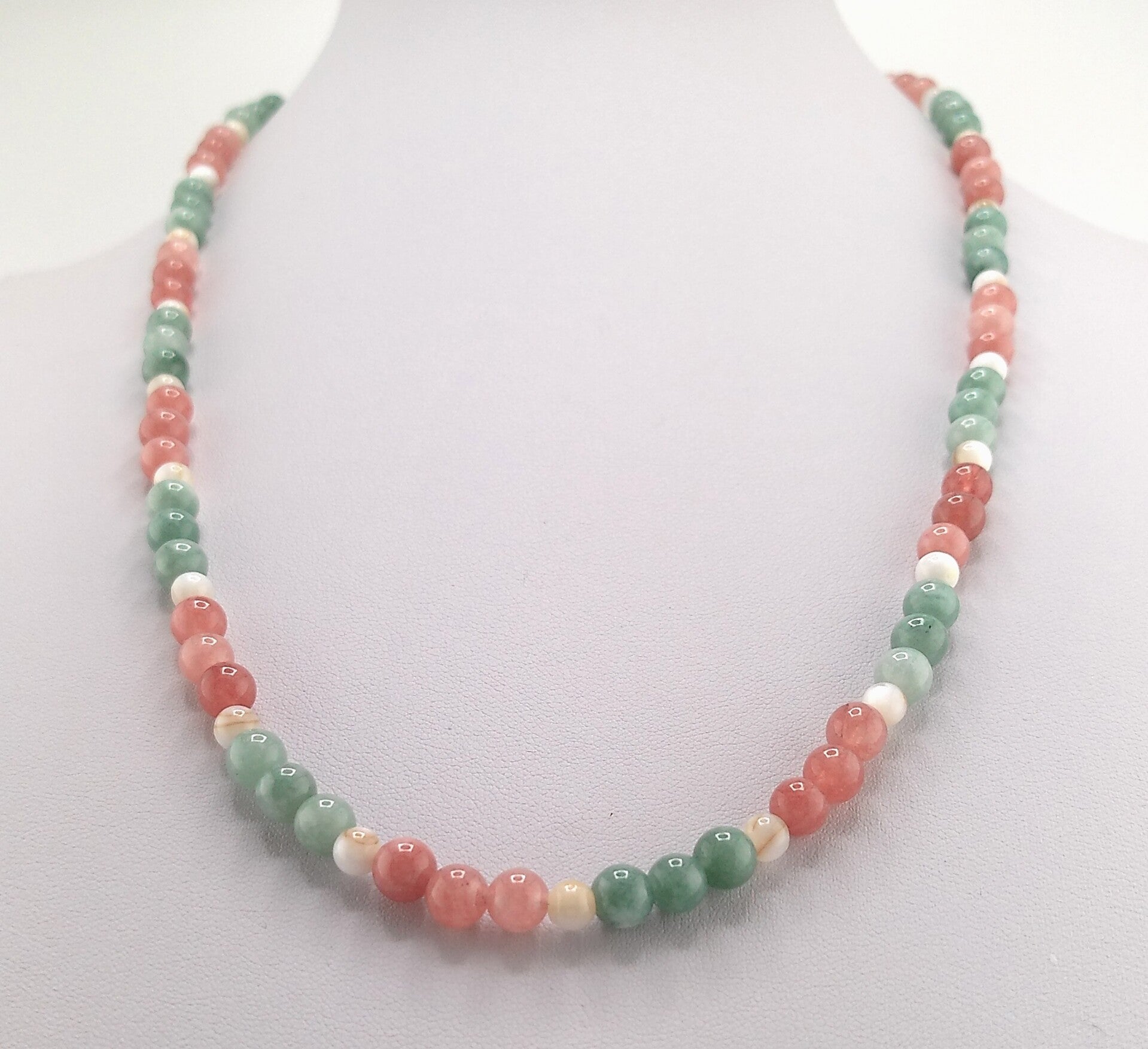 Multi-Colour Jade, Strawberry Quartz and Seashell Pearl Necklace