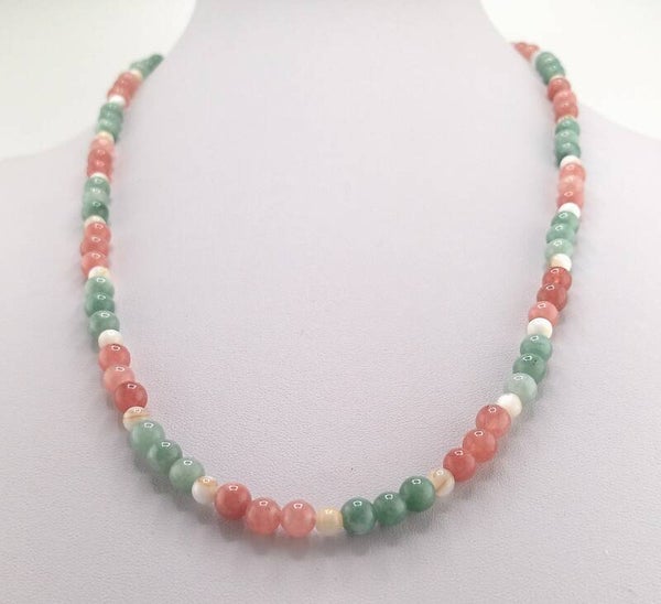 Multi-Colour Jade, Strawberry Quartz and Seashell Pearl Necklace