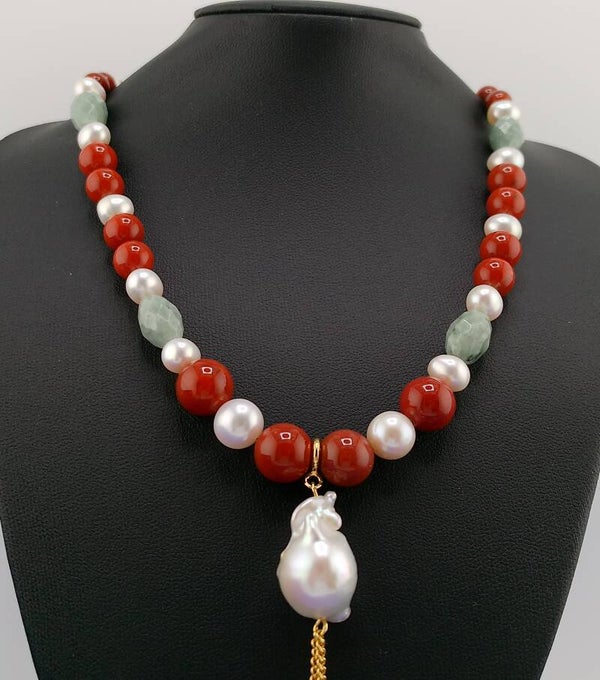 Rare Nanhong Agate, Burmese Jade & Pearl Necklace – Handmade UK Collector’s Chinese Red Jade Statement Necklace with Baroque Pearl Pendant