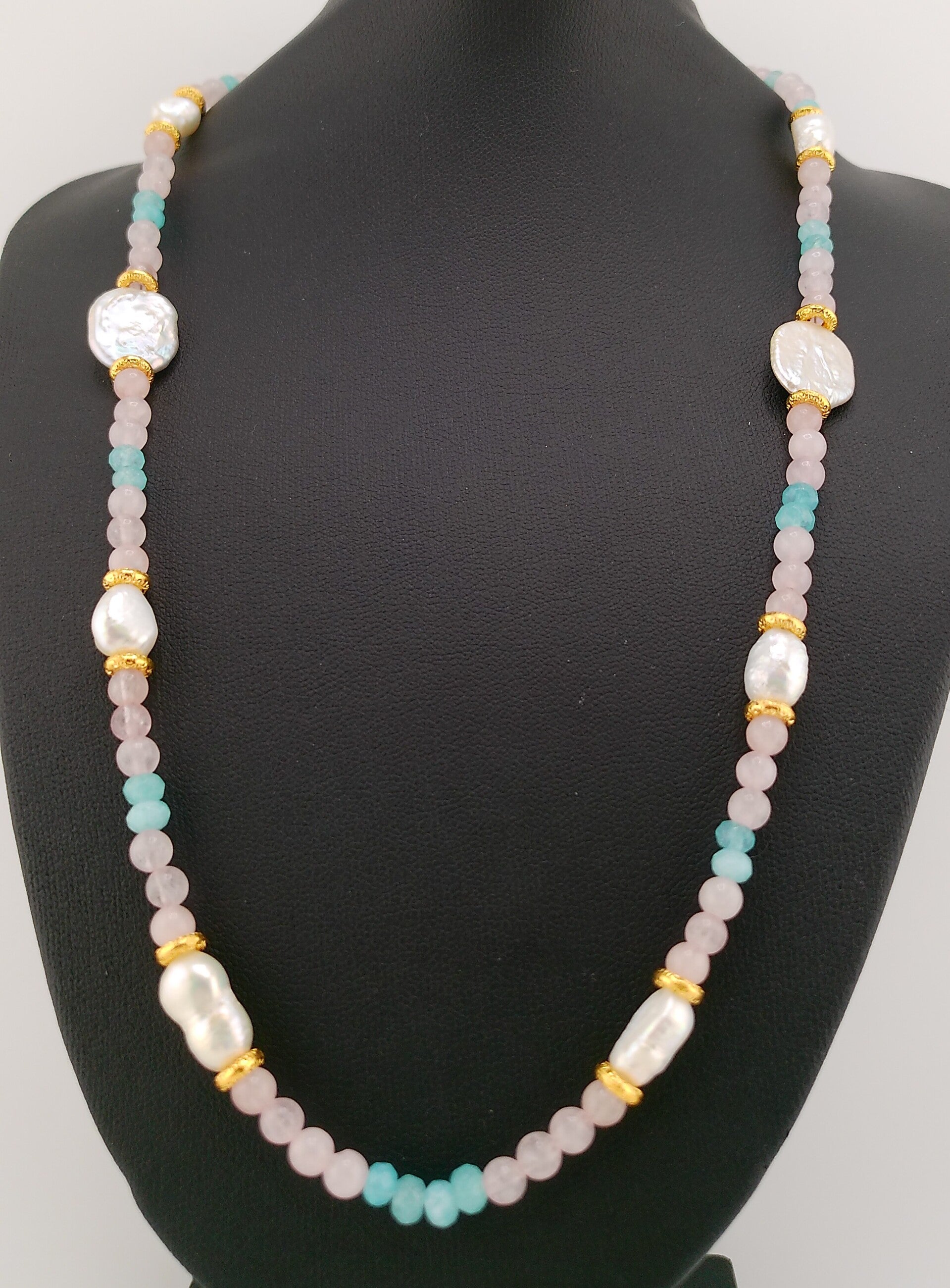 Rose Quartz, Aquamarine & Freshwater Pearl Necklace – Gold Accents