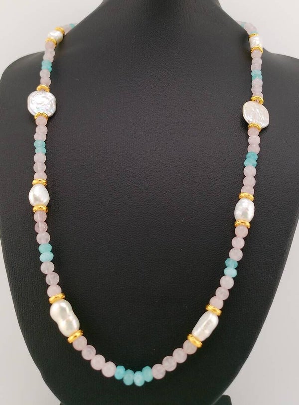 Rose Quartz, Aquamarine & Freshwater Pearl Necklace – Gold Accents
