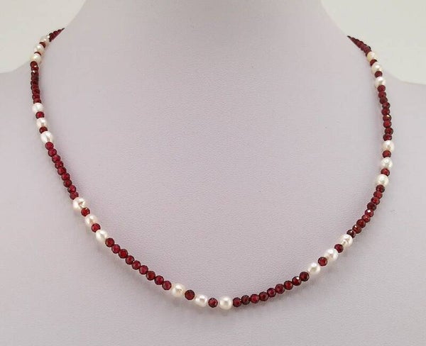 Natural Red Garnet & Seed Pearl Necklace – Gold Plated Sterling Silver