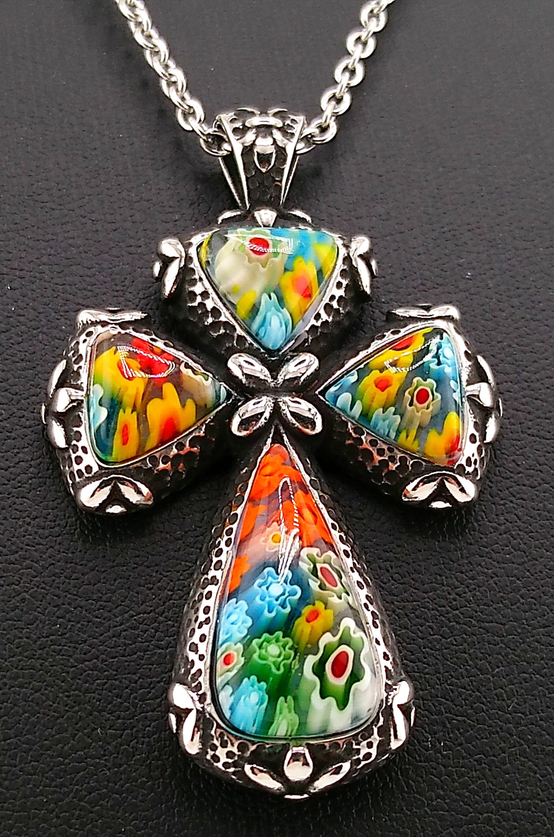 Murano Style Cross Necklace – Oxidised Stainless Steel Chain