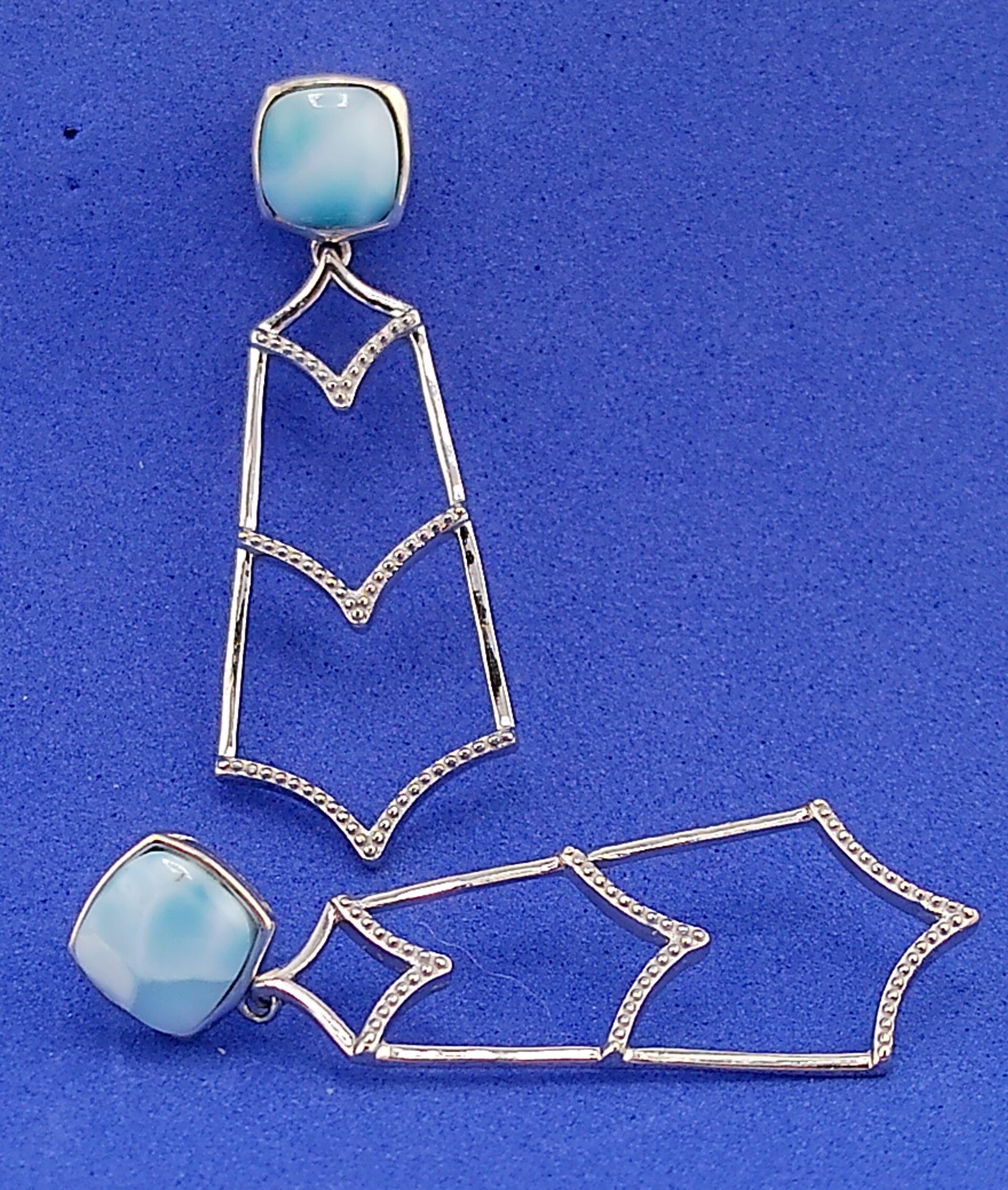 Natural Larimar Drop Earrings – Sterling Silver V-Bar