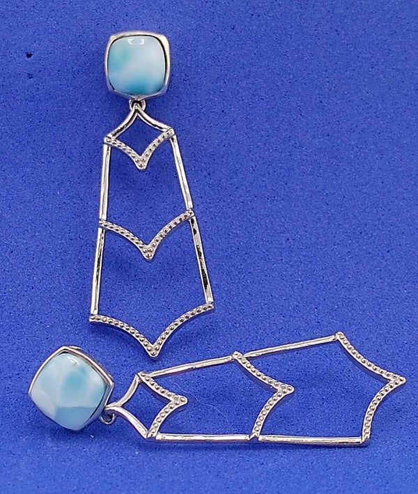 Natural Larimar Drop Earrings – Sterling Silver V-Bar