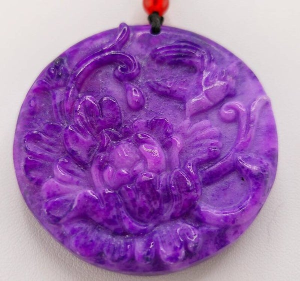Hand-Carved Charoite Peony Pendant – Adjustable Cord Necklace
