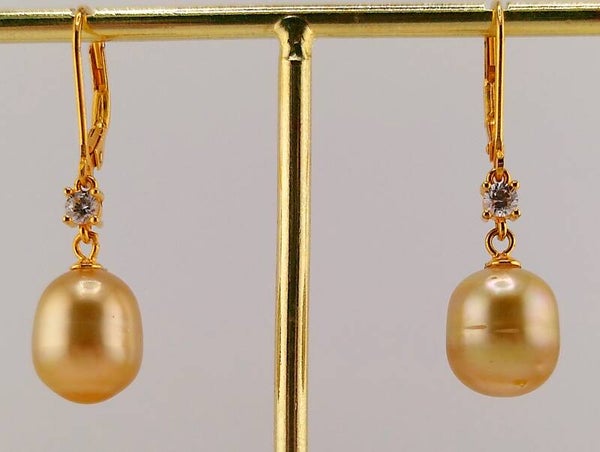 Golden South Sea Pearl Earrings – 10mm Drop | Handmade UK Natural Gold South Sea Pearls with Zircon Accents